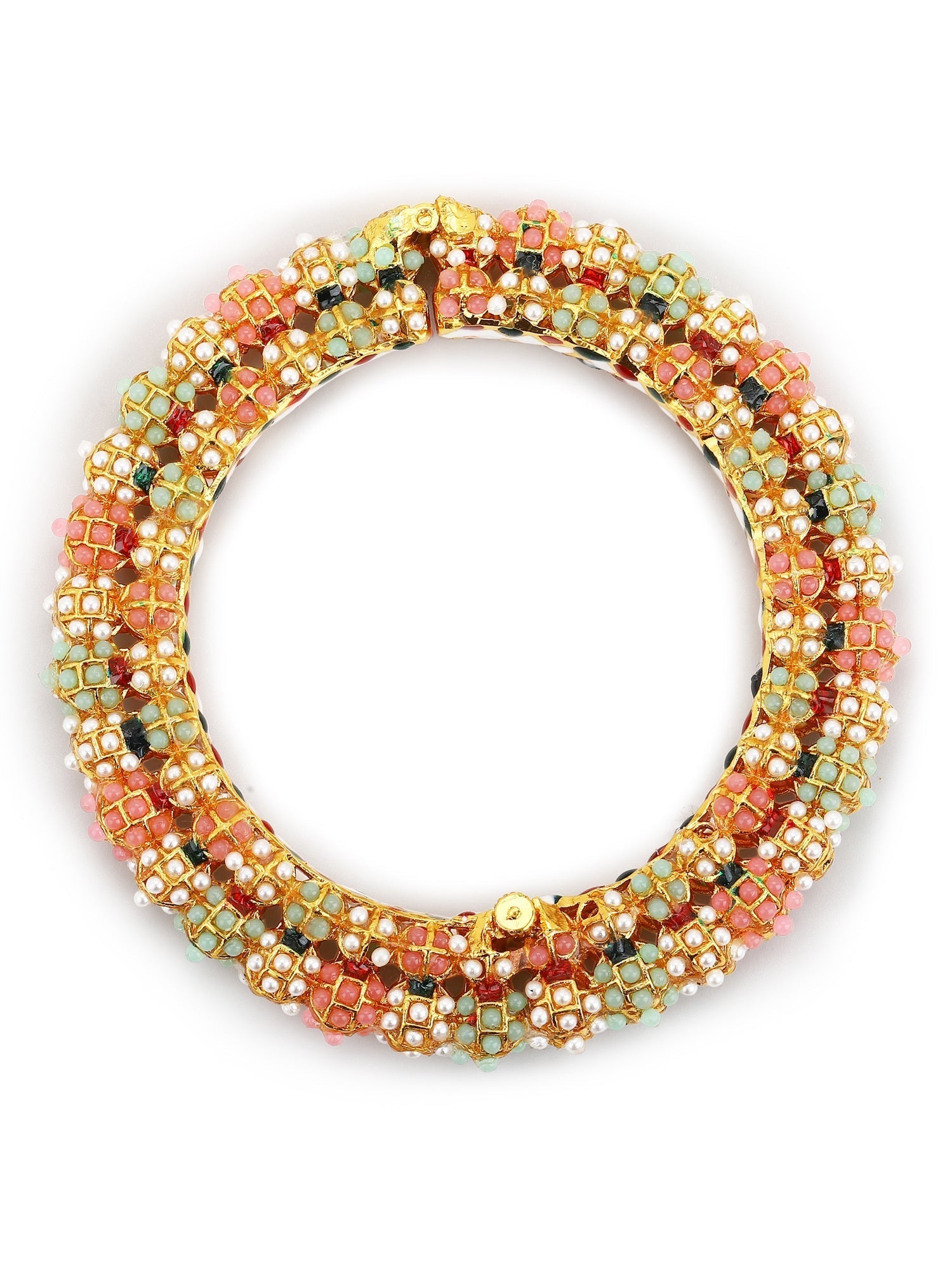 Gold-Polished Green Stone-Studded Beaded Meenakari Bangle - Ruby Raang 