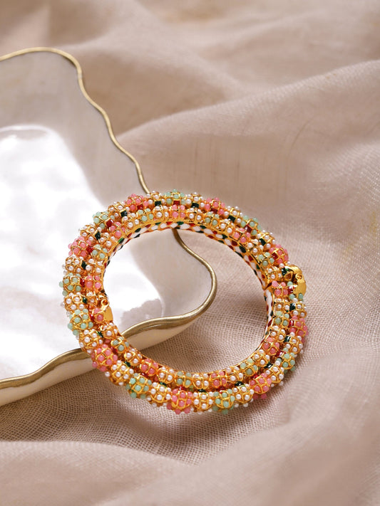Gold-Plated Green Stone-Studded Beaded Meenakari Bangle - Ruby Raang - Grab2buy