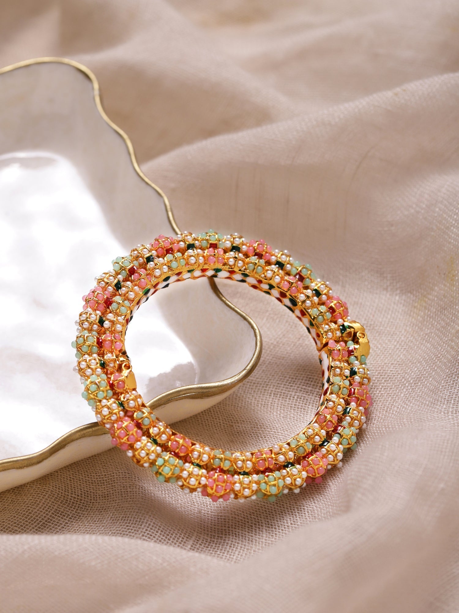 Gold-Polished Green Stone-Studded Beaded Meenakari Bangle - Ruby Raang 