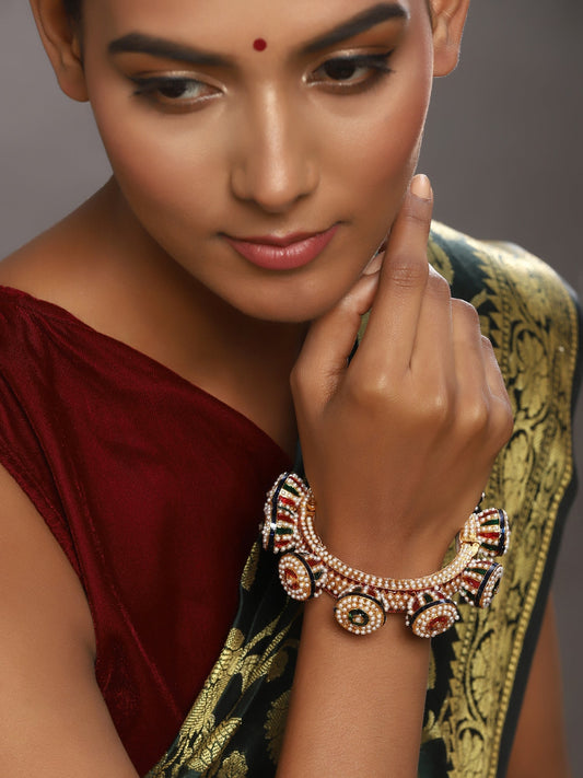 Gold-Plated White Green Stone Studded Meenakari Bangle - Ruby Raang - Grab2buy