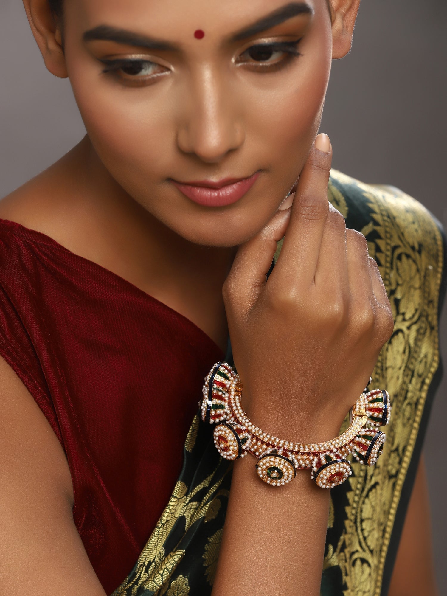 Gold-Polished White Green Stone Studded Meenakari Bangle - Ruby Raang 