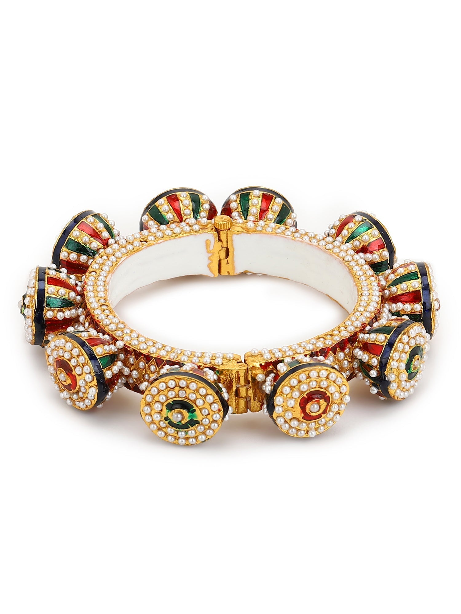 Gold-Polished White Green Stone Studded Meenakari Bangle - Ruby Raang 