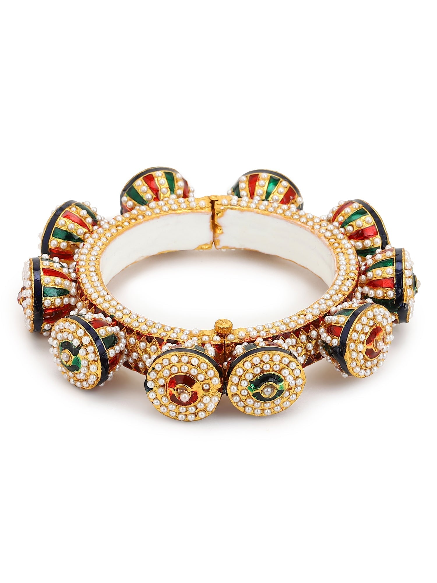 Gold-Polished White Green Stone Studded Meenakari Bangle - Ruby Raang 