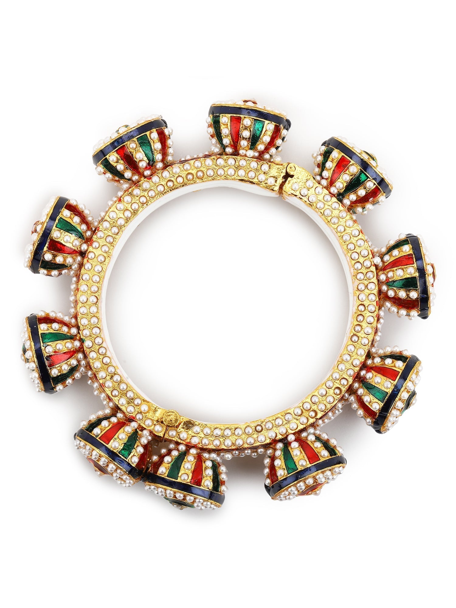 Gold-Polished White Green Stone Studded Meenakari Bangle - Ruby Raang 