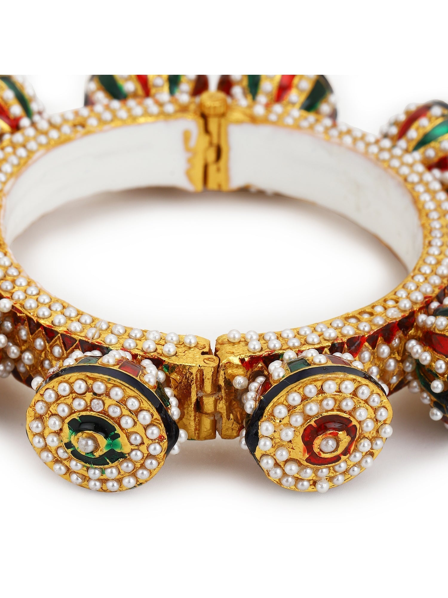 Gold-Polished White Green Stone Studded Meenakari Bangle - Ruby Raang 