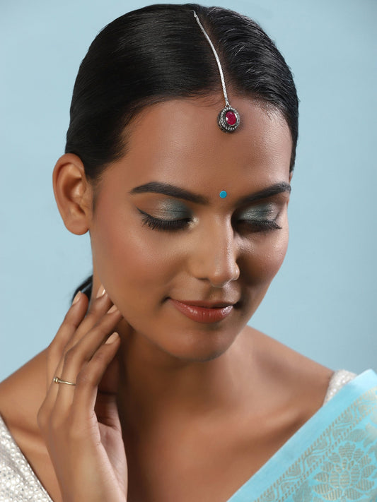 Gold-Plated Maroon White Kundan Stone -Studded Maang Tikka - Ruby Raang - Grab2buy