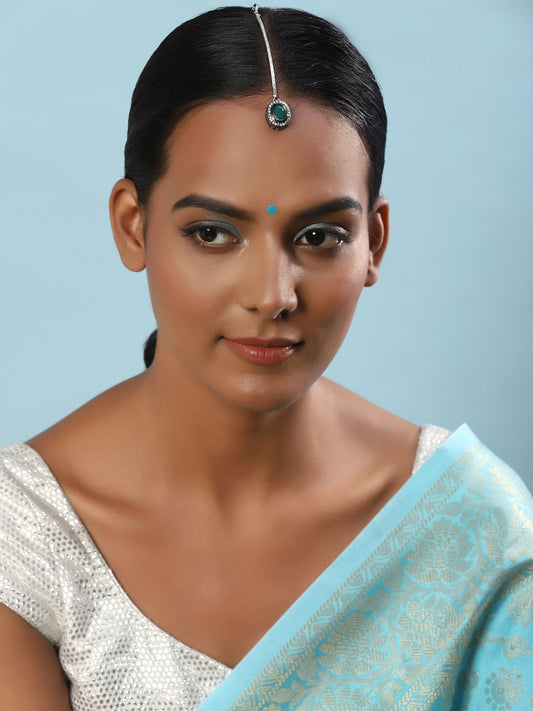Silver-Plated Green Kundan Stone-Studded Maang Tikka - Ruby Raang - Grab2buy
