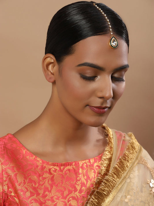 White Gold-Toned Plated Kundan-Studded Pearl Beaded Maang Tikka - Ruby Raang - Grab2buy