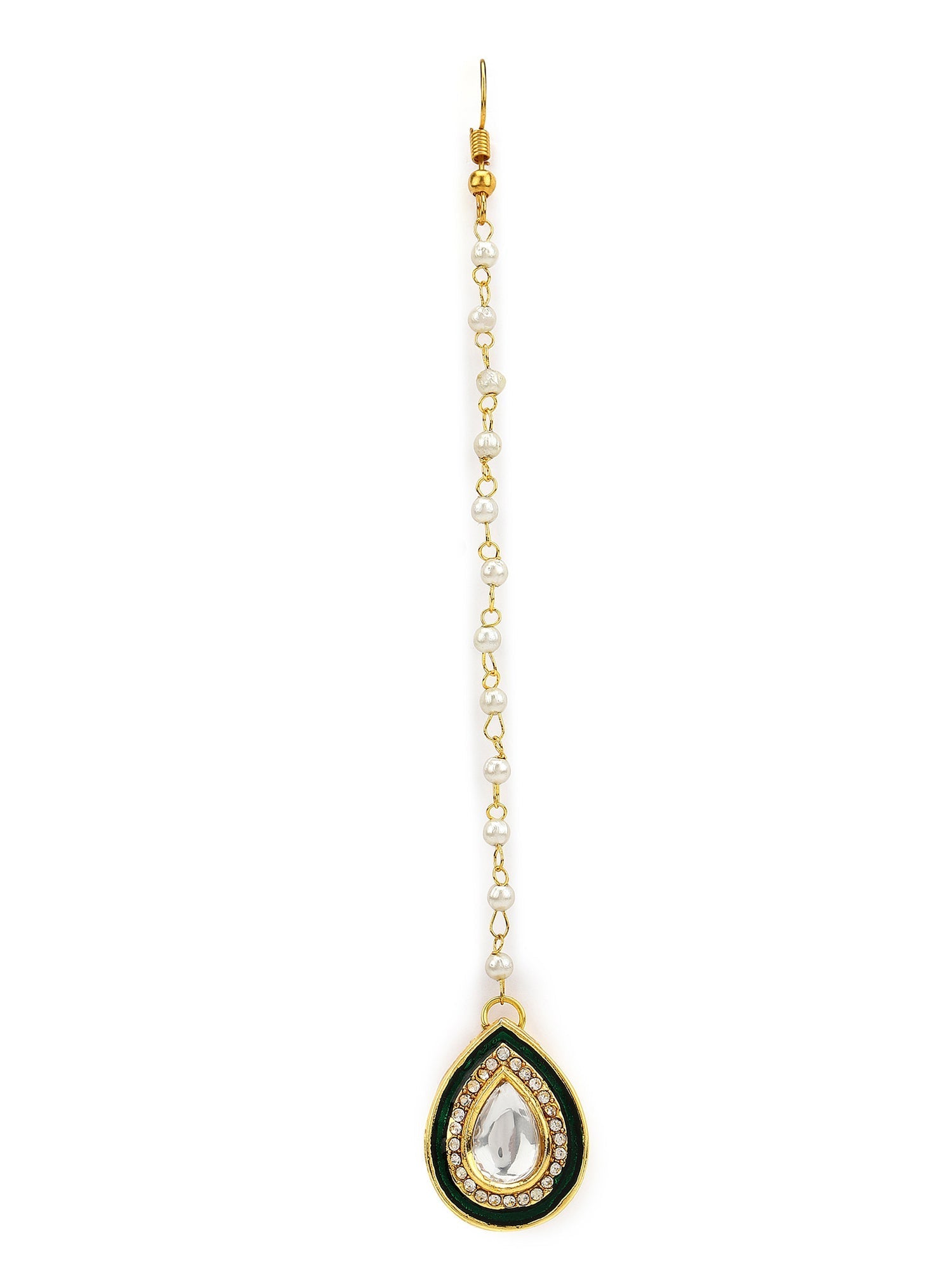 White Gold-Toned Plated Kundan-Studded Pearl Beaded Maang Tikka - Ruby Raang - Grab2buy