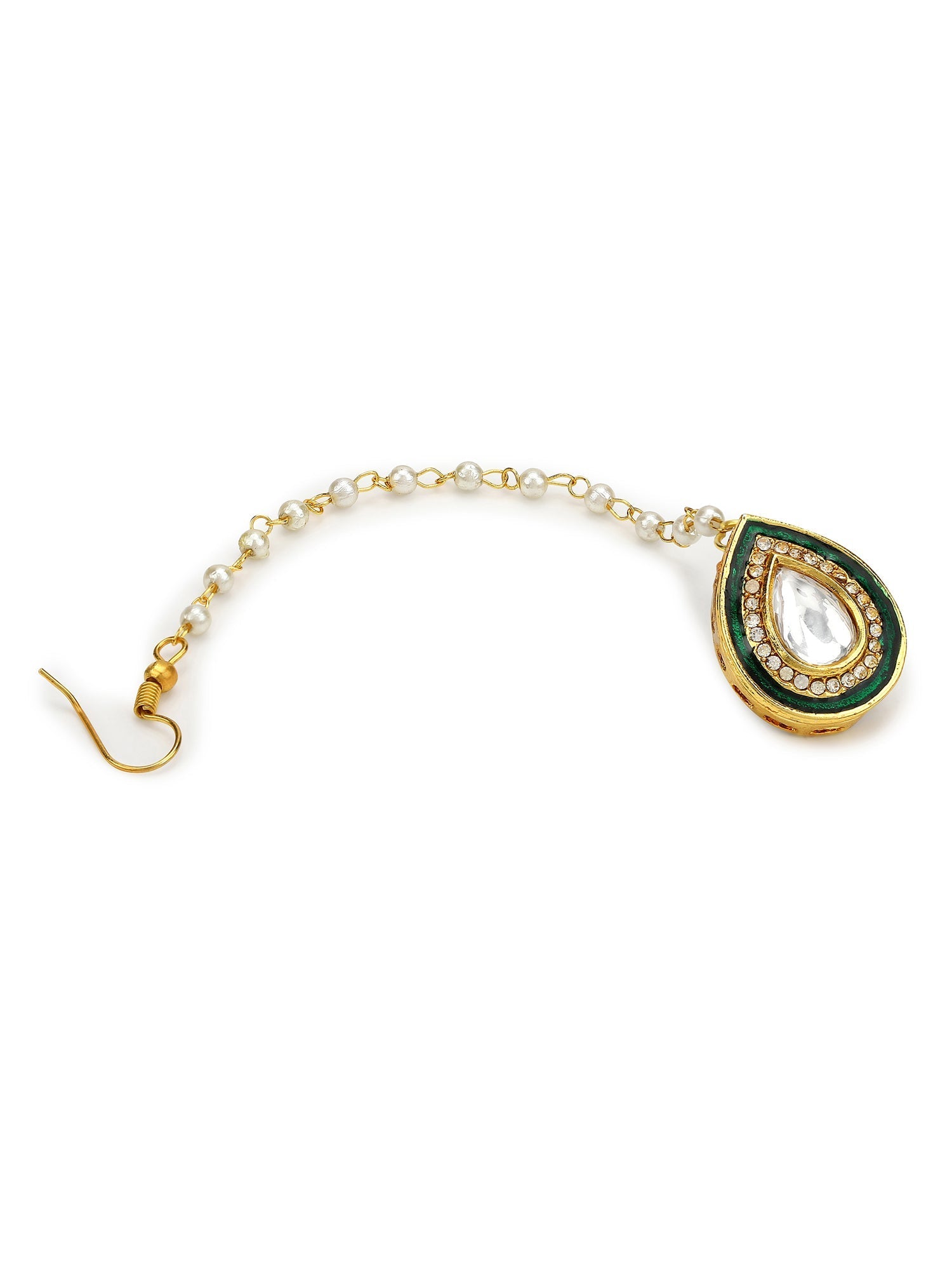 White Gold-Toned Plated Kundan-Studded Pearl Beaded Maang Tikka - Ruby Raang - Grab2buy