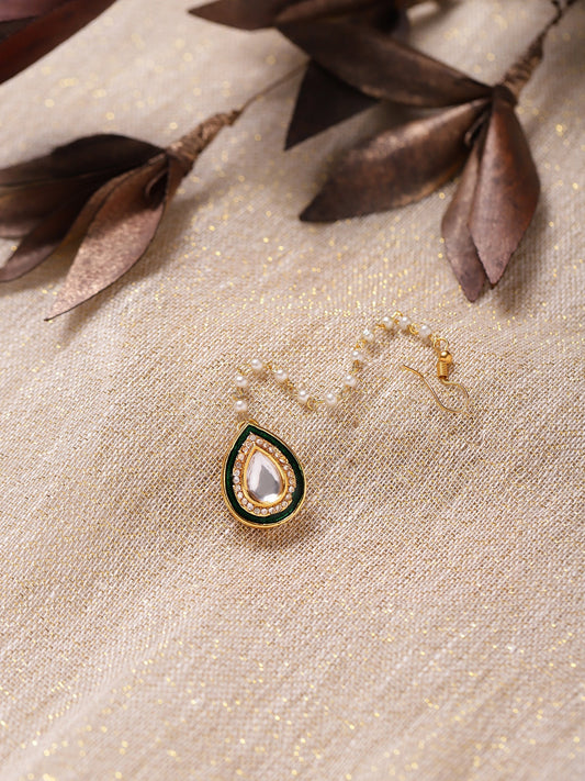 White Gold-Toned Plated Kundan-Studded Pearl Beaded Maang Tikka - Ruby Raang - Grab2buy