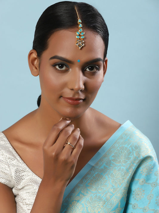 Gold-Plated Turquoise Blue Kundan-Studded Maang Tikka - Ruby Raang - Grab2buy