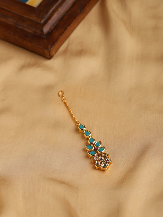 Gold-Plated Turquoise Blue Kundan-Studded Maang Tikka - Ruby Raang - Grab2buy