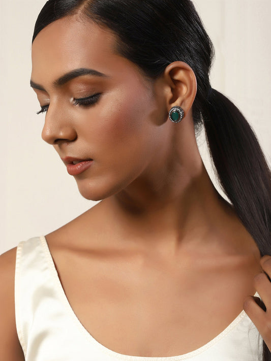 Silver-Plated Oval Kundan Studded Studs Earrings - Ruby Raang - Grab2buy