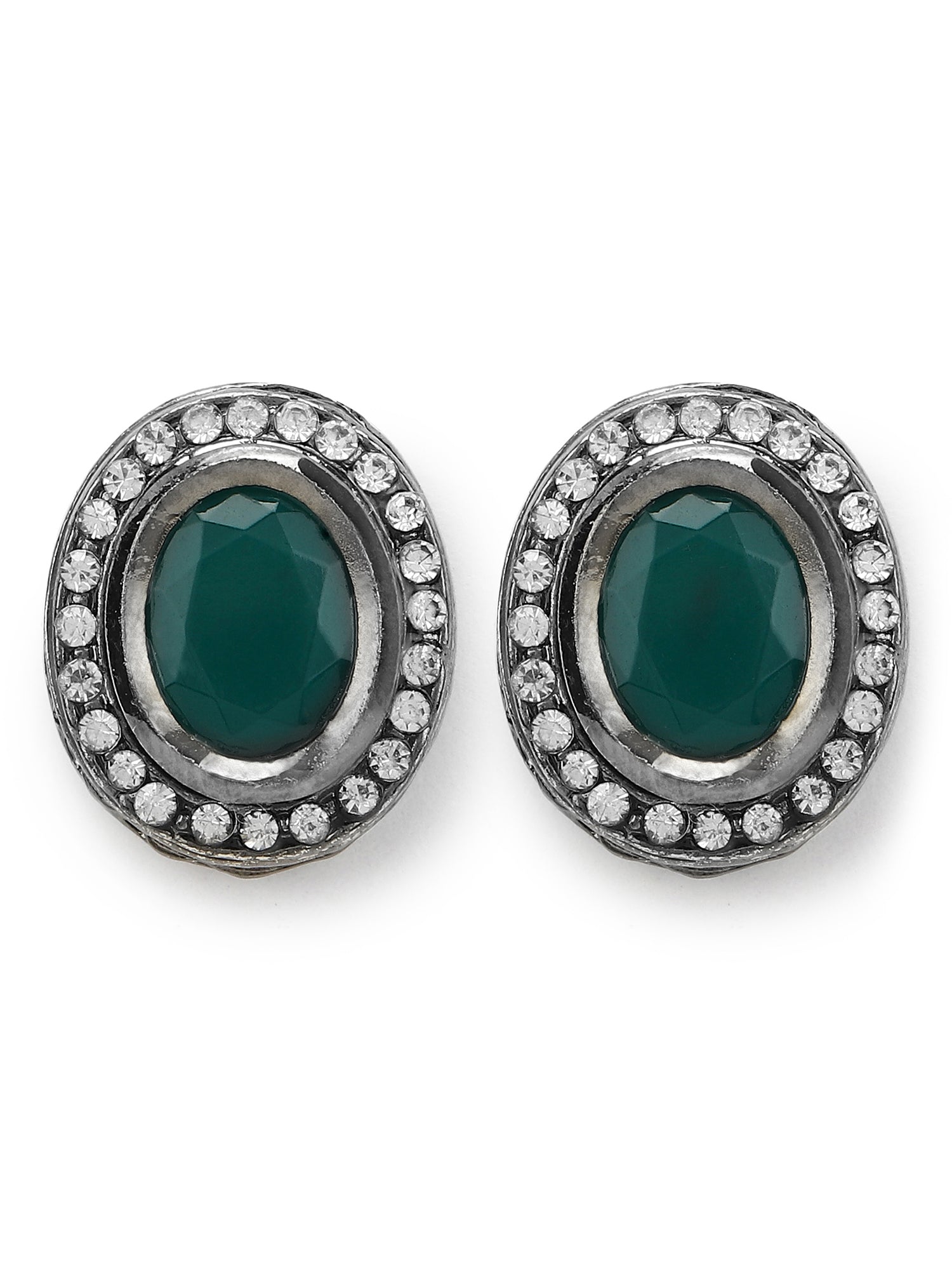 Silver-Plated Oval Kundan Studded Studs Earrings - Ruby Raang - Grab2buy