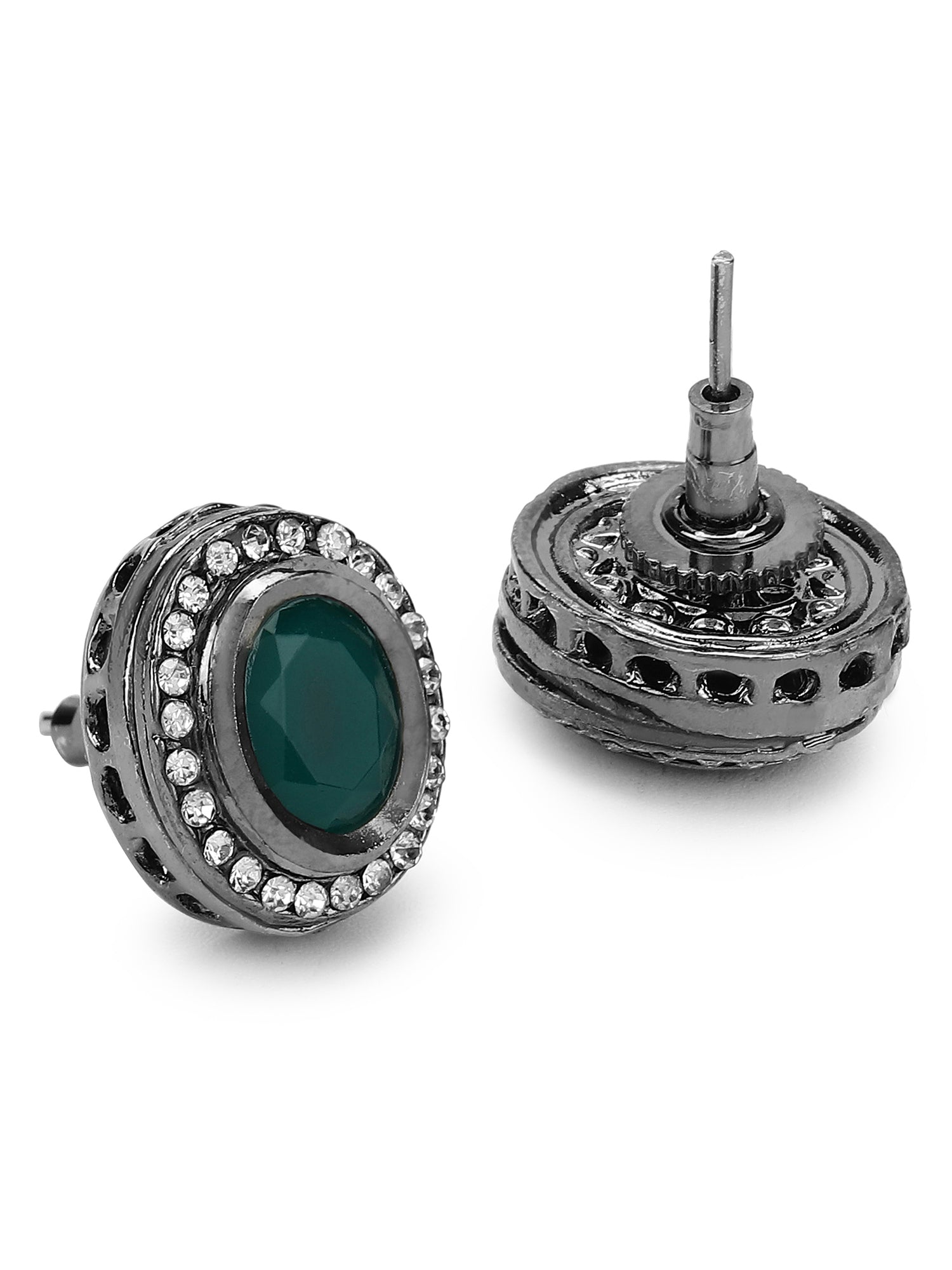 Silver-Plated Oval Kundan Studded Studs Earrings - Ruby Raang - Grab2buy