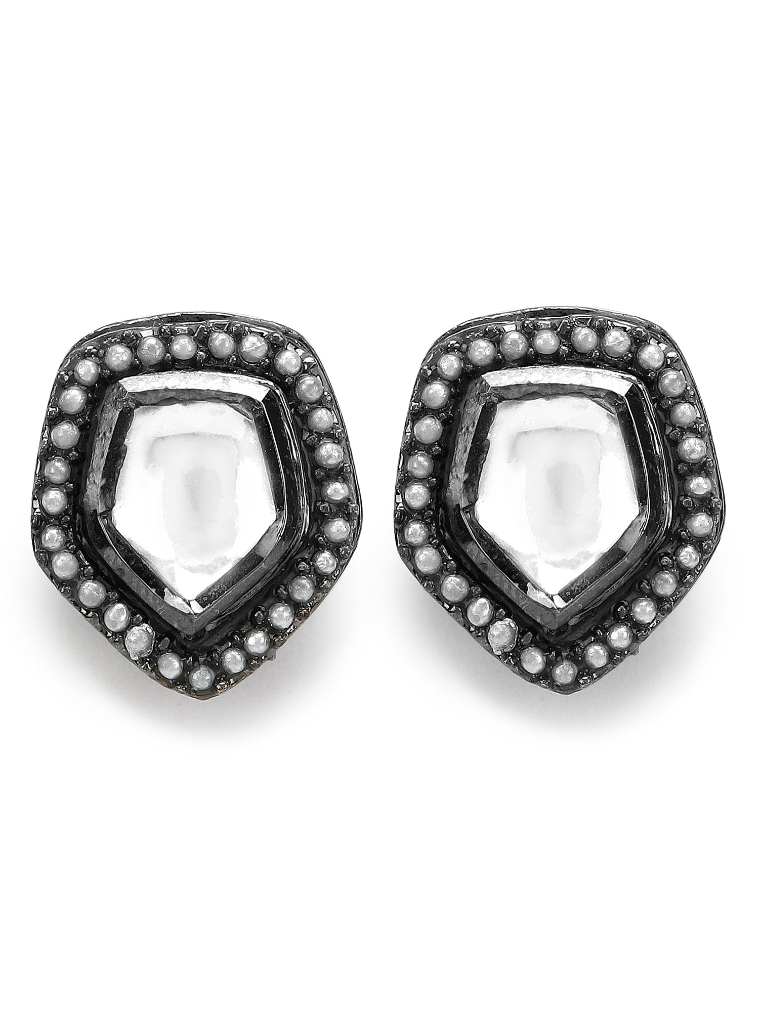 Silver-Plated Geometric Kundan Studs Earrings - Ruby Raang - Grab2buy