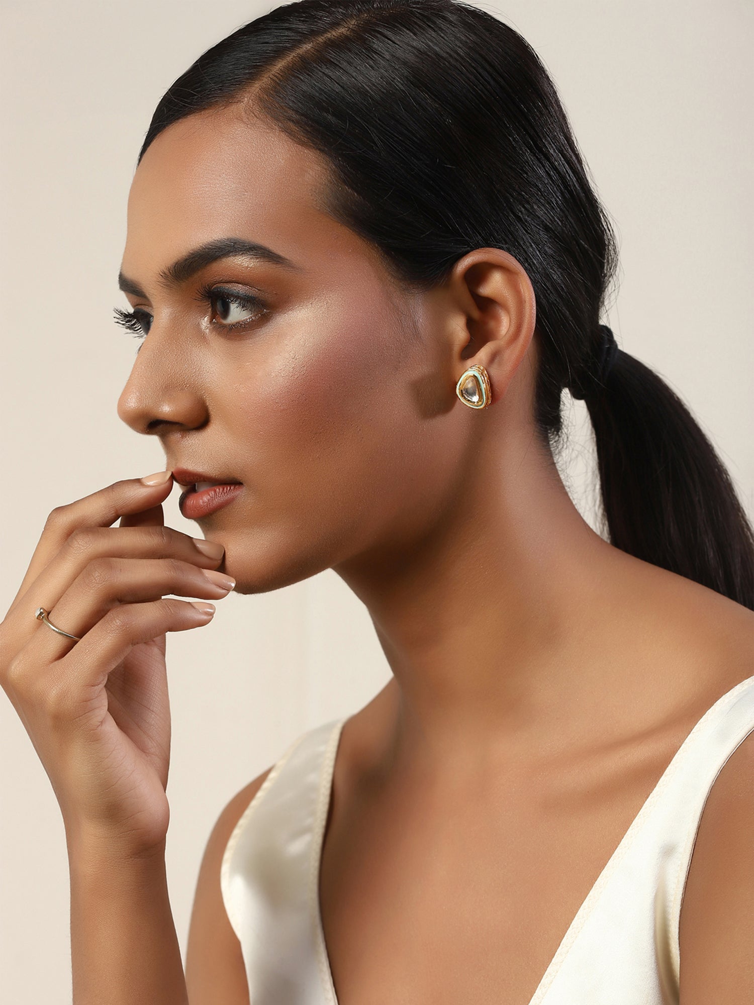 Gold-Plated Triangular Kundan Studded Studs Earrings - Ruby Raang - Grab2buy