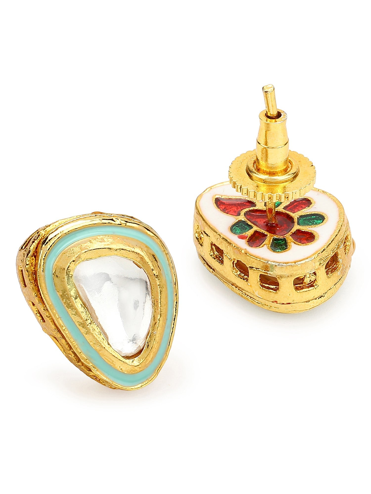 Gold-Plated Triangular Kundan Studded Studs Earrings - Ruby Raang - Grab2buy