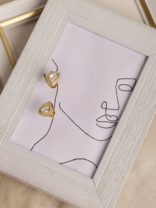 Gold-Plated Triangular Kundan Studded Studs Earrings - Ruby Raang - Grab2buy