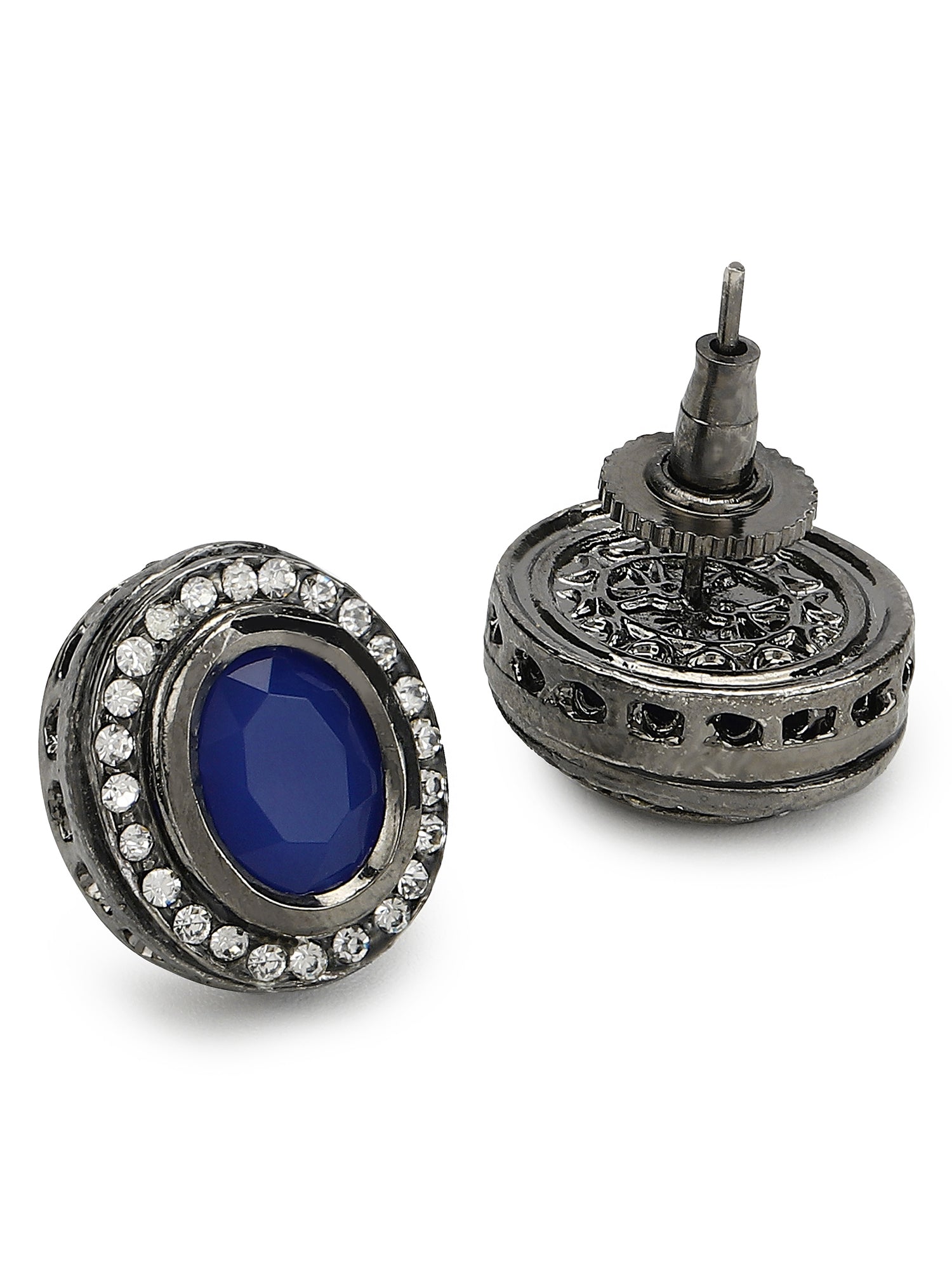 Silver-Plated Oval Kundan Studs Earrings - Ruby Raang - Grab2buy