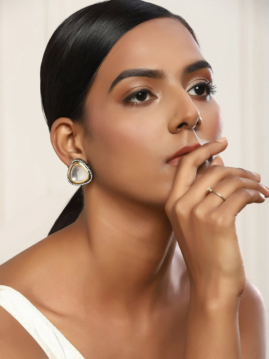 Silver-Plated Triangular Kundan Studded Studs Earrings - Ruby Raang - Grab2buy