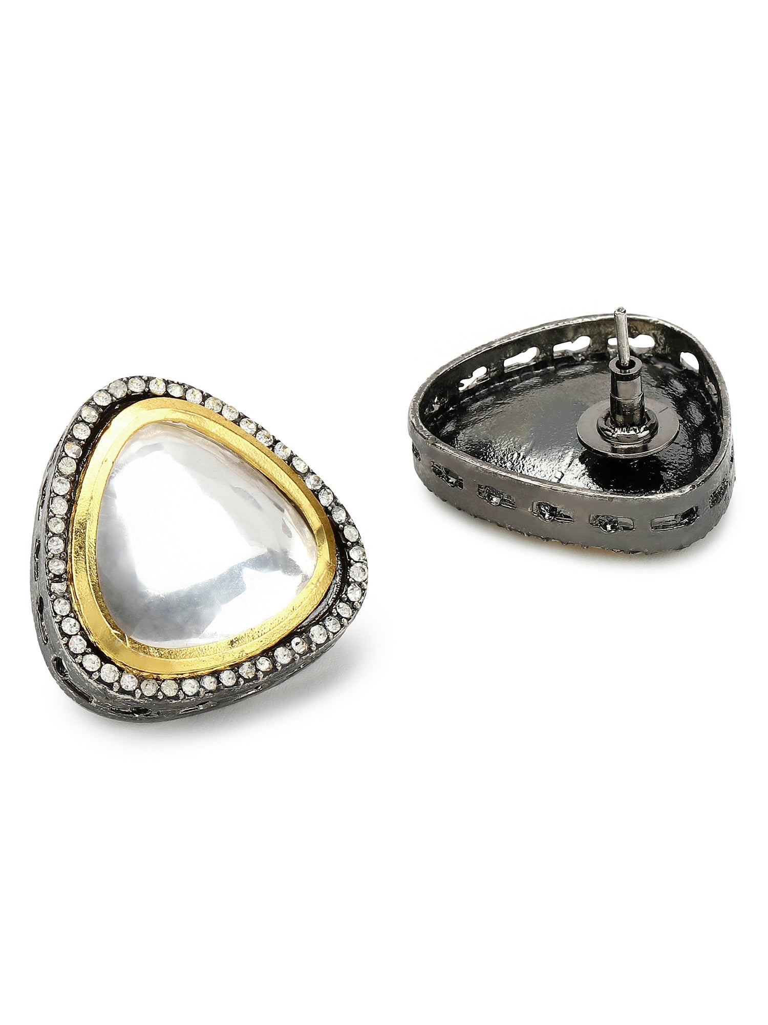 Silver-Plated Triangular Kundan Studded Studs Earrings - Ruby Raang - Grab2buy