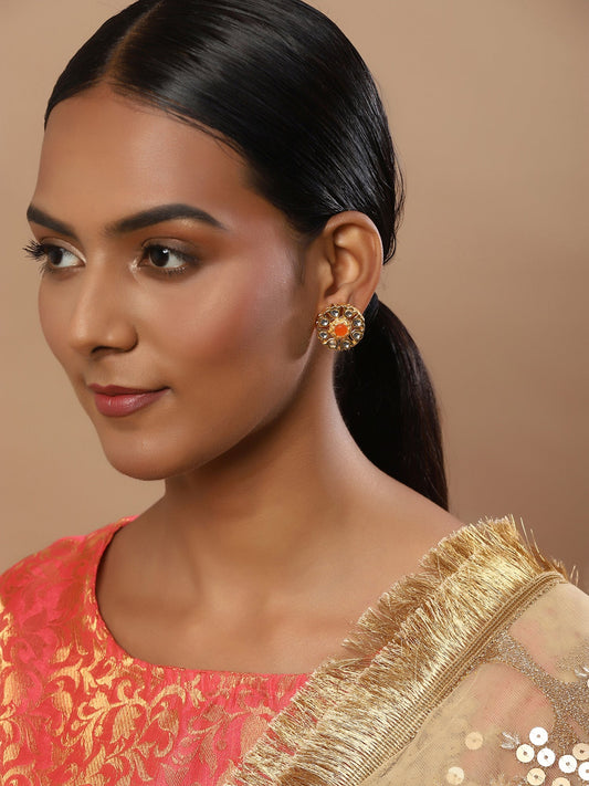 Gold-Plated Floral Shaped Kundan Studded Studs Earrings - Ruby Raang - Grab2buy