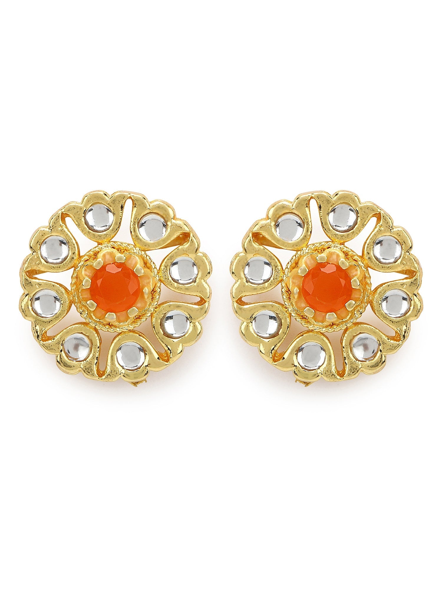 Gold-Plated Floral Shaped Kundan Studded Studs Earrings - Ruby Raang - Grab2buy