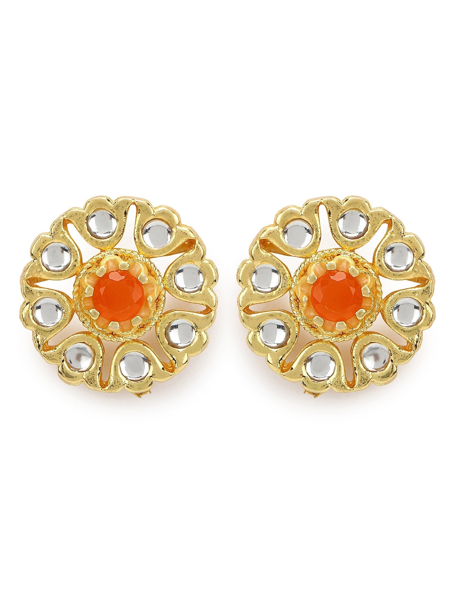 Gold-Polished Floral Shaped Kundan Studded Studs Earrings - Ruby Raang - Swadesiicart