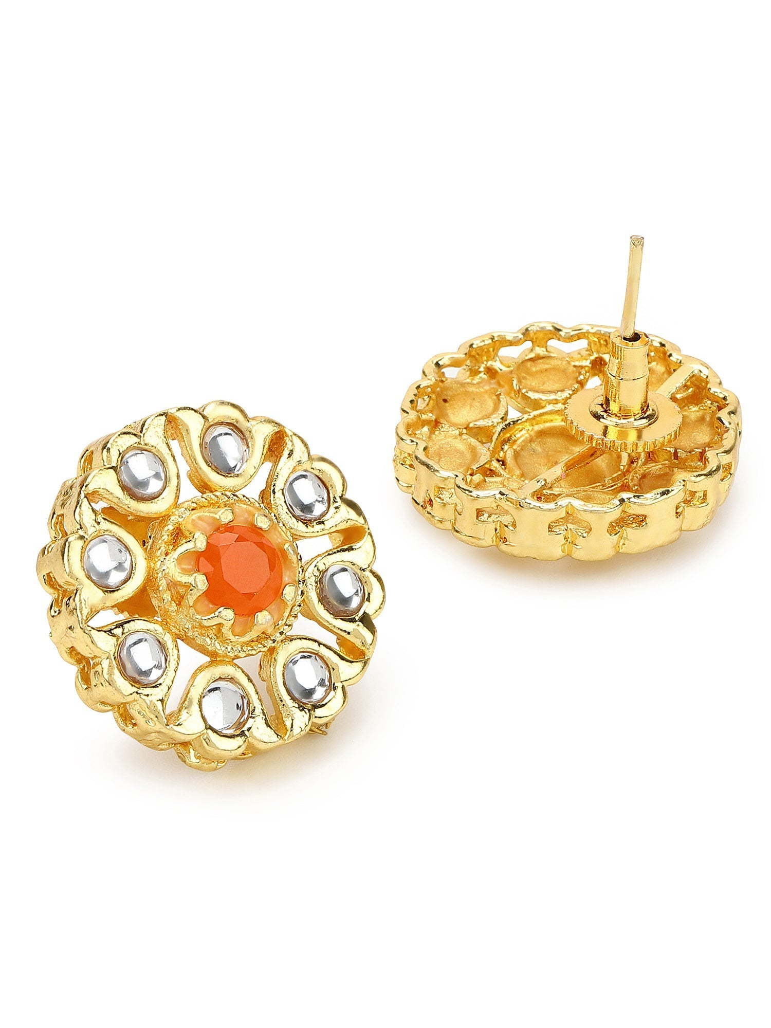 Gold-Plated Floral Shaped Kundan Studded Studs Earrings - Ruby Raang - Grab2buy