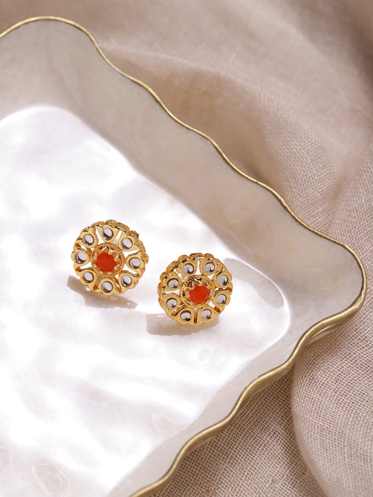 Gold-Plated Floral Shaped Kundan Studded Studs Earrings - Ruby Raang - Grab2buy