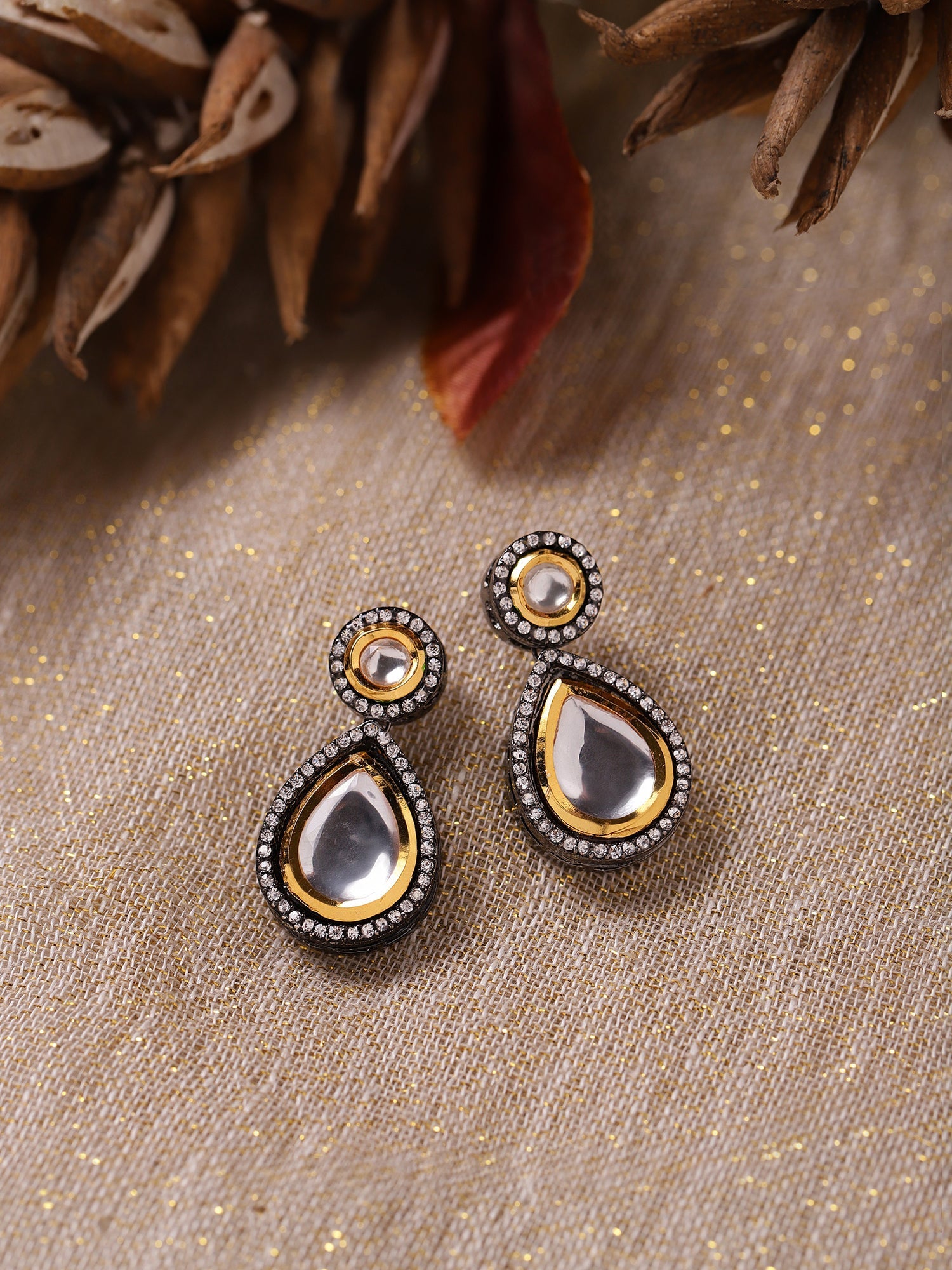 Silver-Plated Teardrop Shape Kundan Studded Drop Earrings - Ruby Raang - Grab2buy