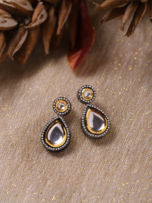 Silver-Plated Teardrop Shape Kundan Studded Drop Earrings - Ruby Raang - Grab2buy
