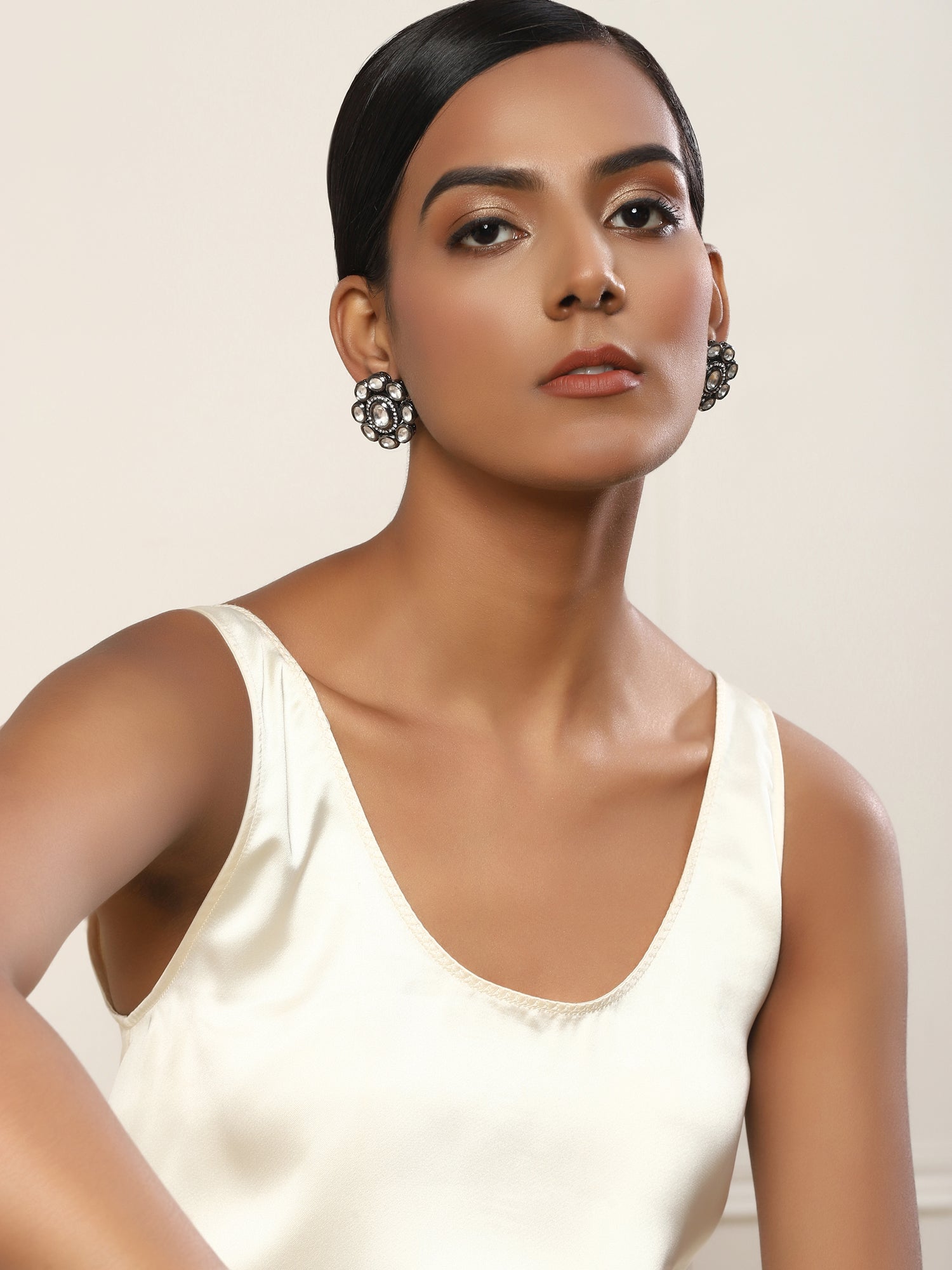 Black Silver-Plated Circular Kundan Studs Earrings - Ruby Raang - Grab2buy