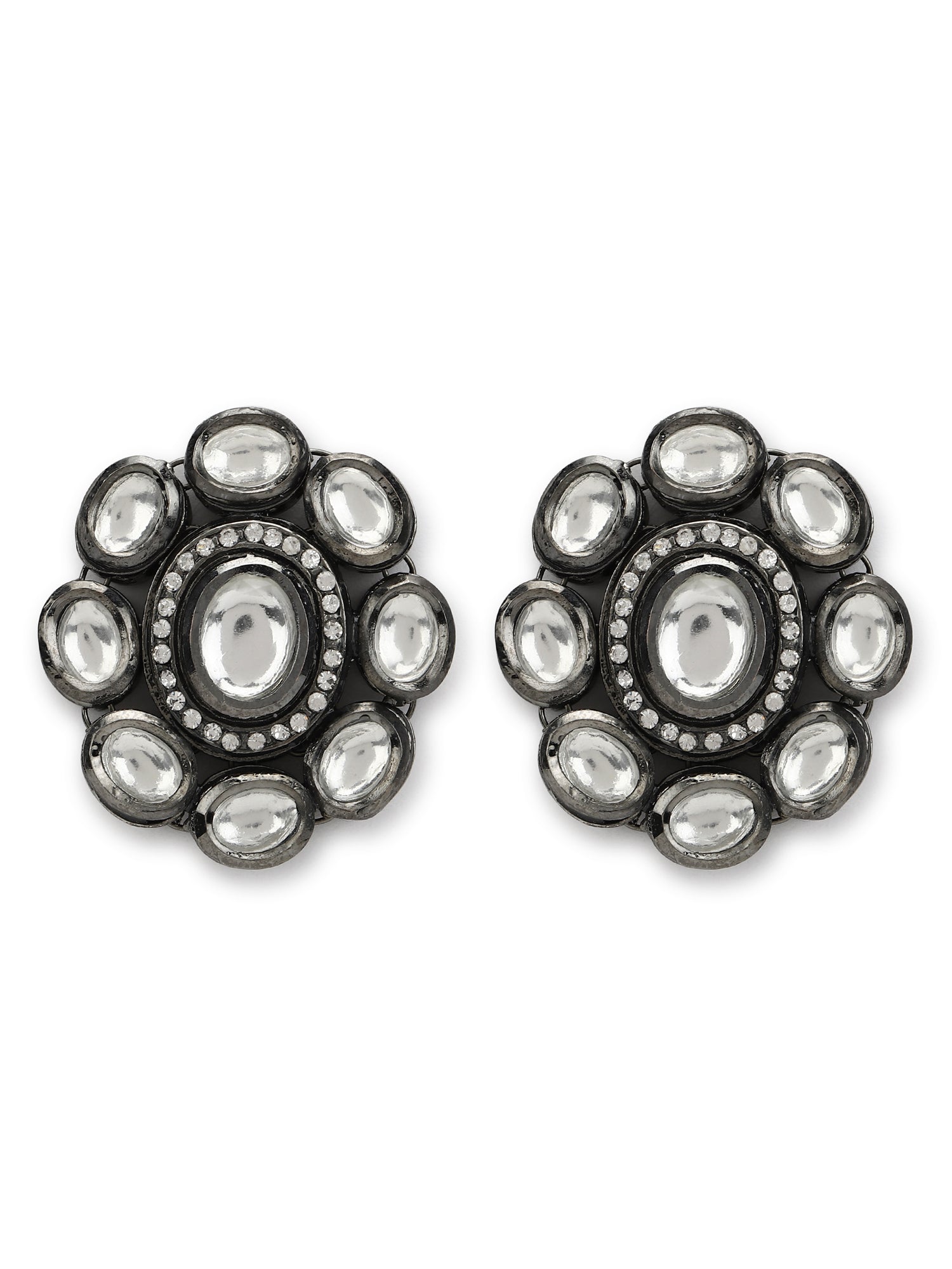 Black Silver-Plated Circular Kundan Studs Earrings - Ruby Raang - Grab2buy