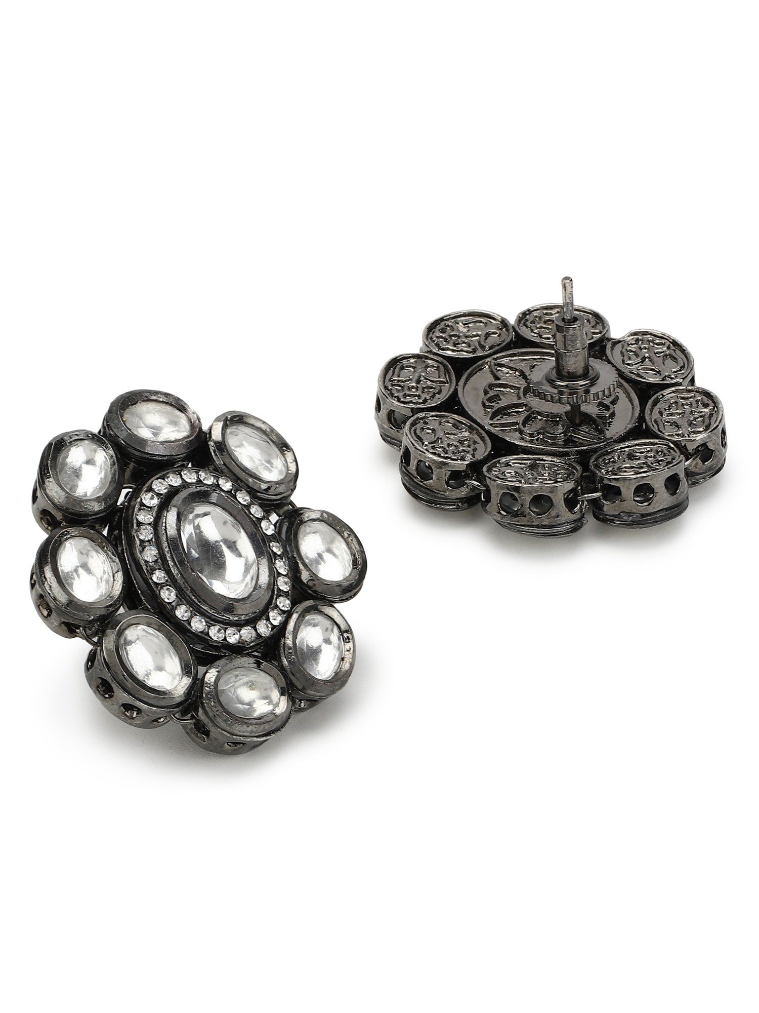 Black Silver-Plated Circular Kundan Studs Earrings - Ruby Raang - Grab2buy