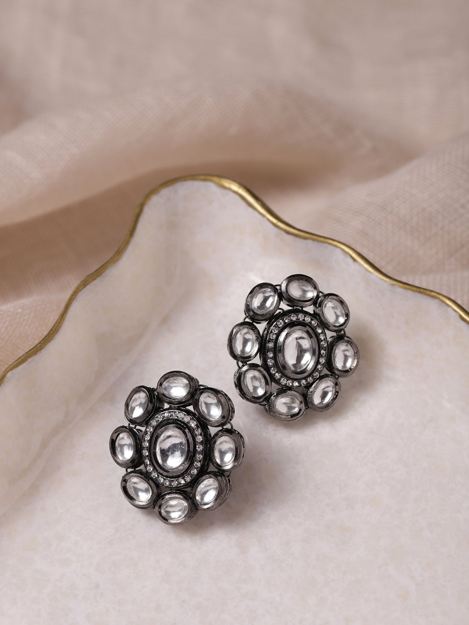 Black Silver-Plated Circular Kundan Studs Earrings - Ruby Raang - Grab2buy