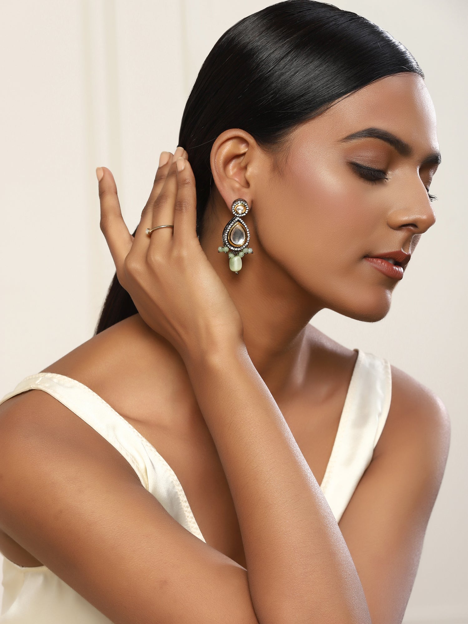 Green White Teardrop Shaped Drop Earrings - Ruby Raang - Grab2buy