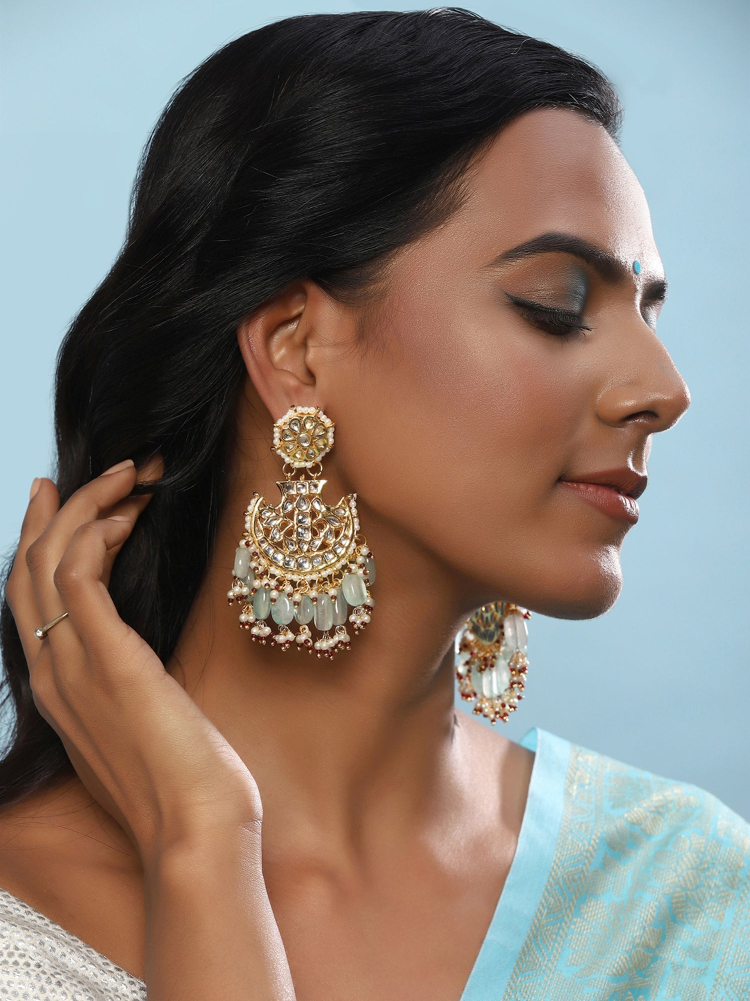 Gold-Plated Classic Kundan Studded Chandbalis Earrings - Ruby Raang - Grab2buy