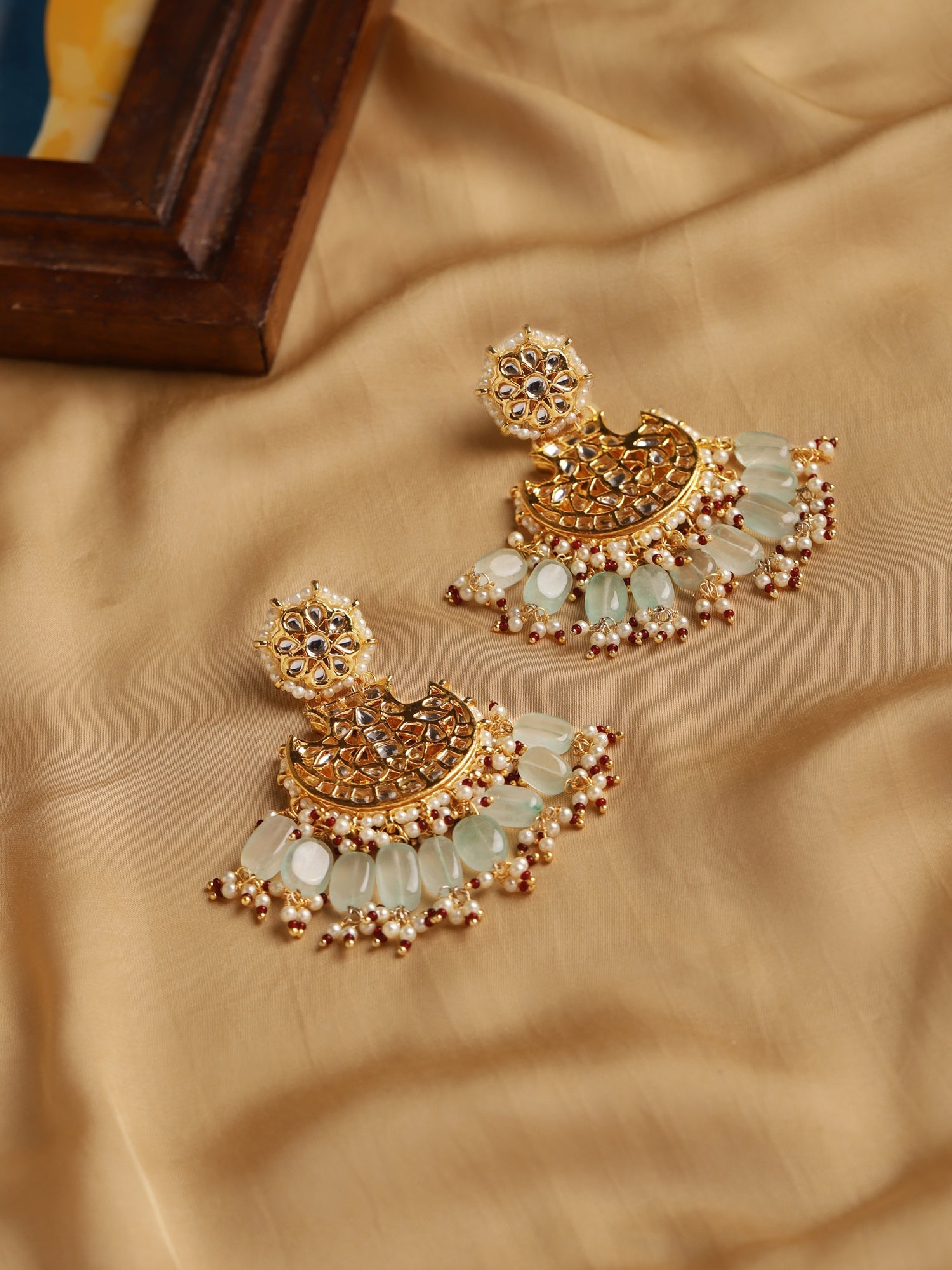 Gold-Plated Classic Kundan Studded Chandbalis Earrings - Ruby Raang - Grab2buy