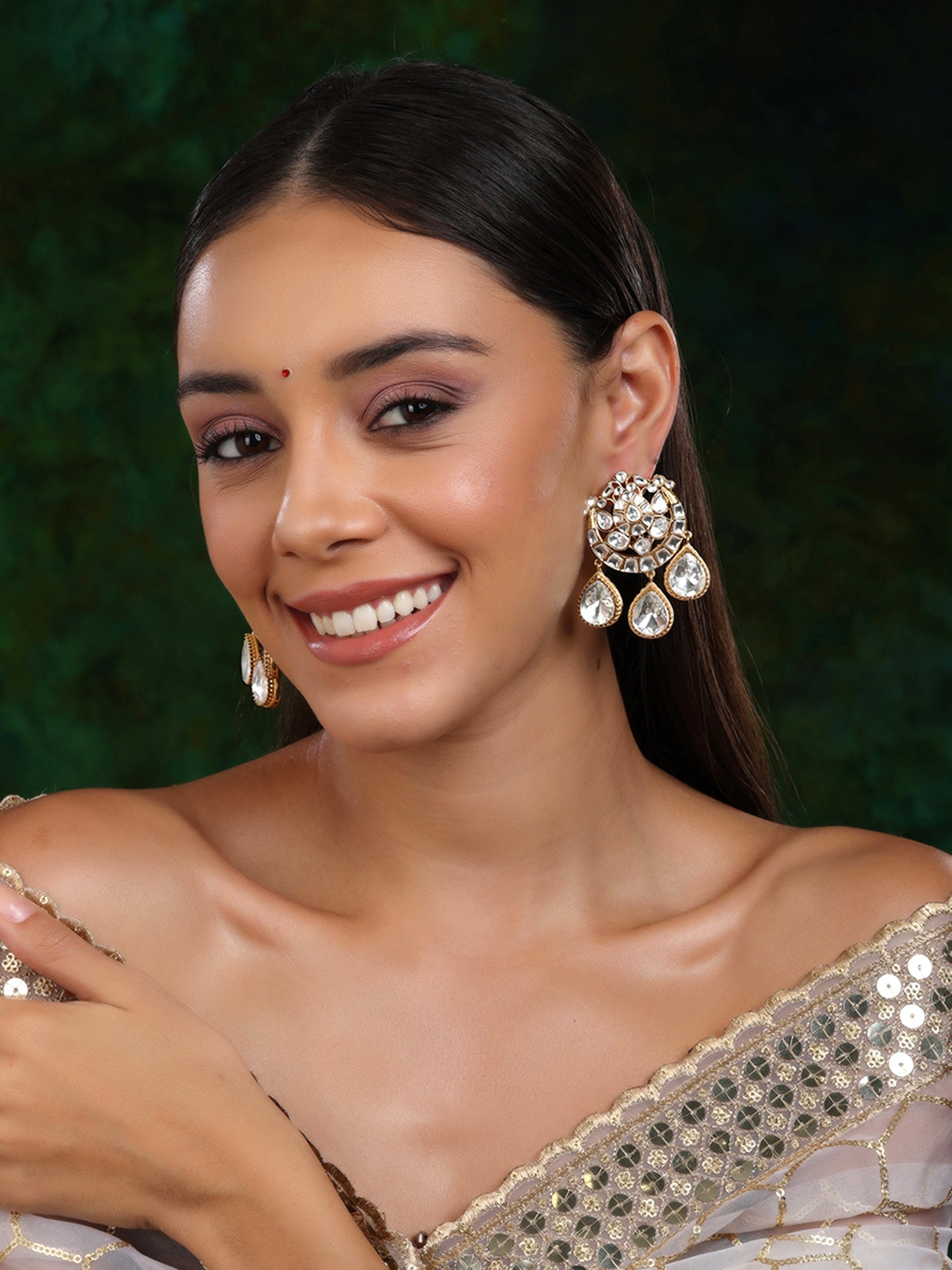 Chand Kundan Earrings with Teardrops - Ruby Raang Ruby Raang Studio