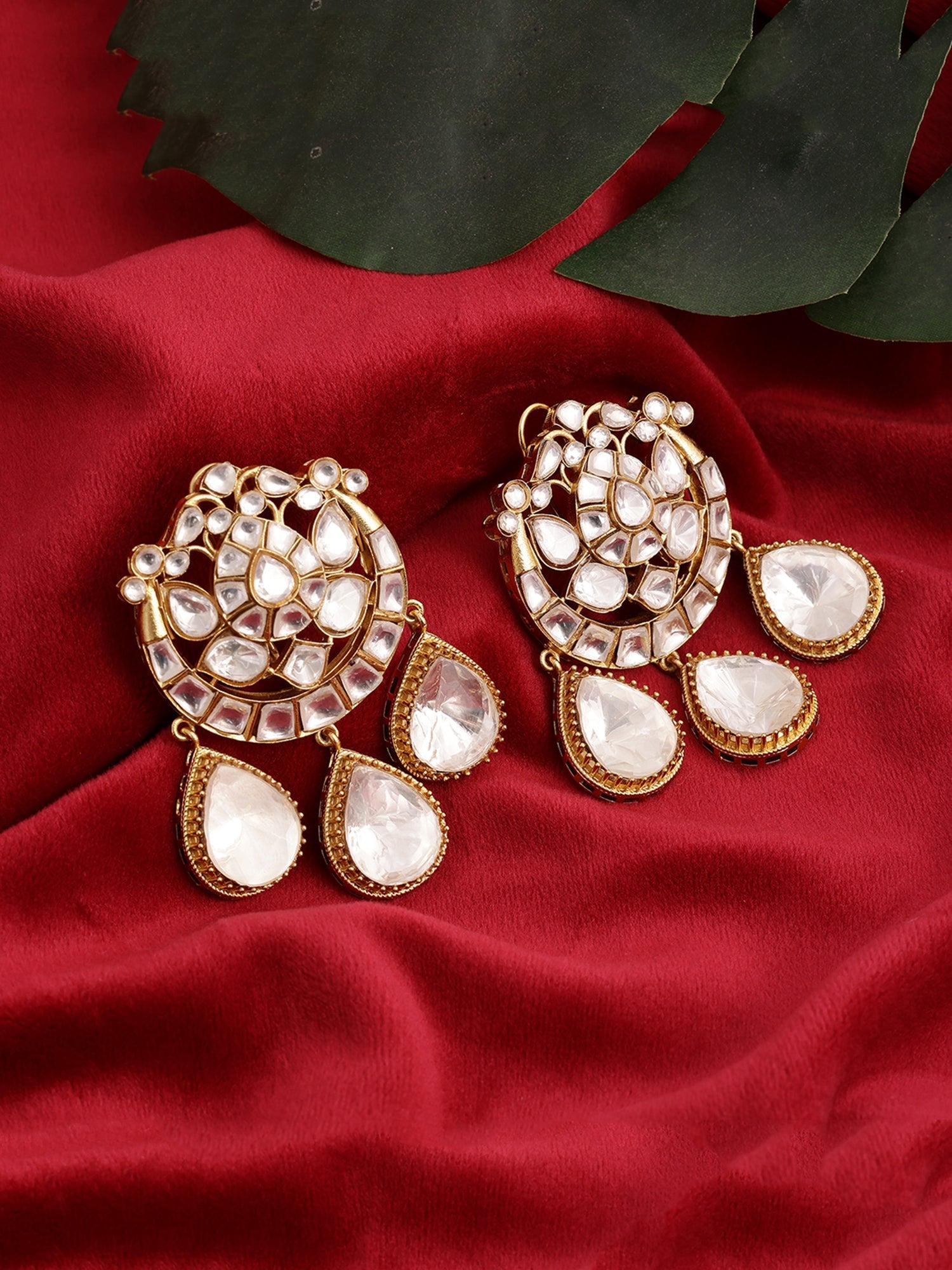 Chand Kundan Earrings with Teardrops - Ruby Raang Ruby Raang Studio