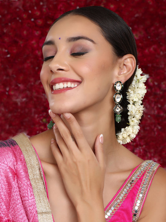 Long Meenakari Kundan Earrings with Emeralds - Ruby Raang Ruby Raang Studio