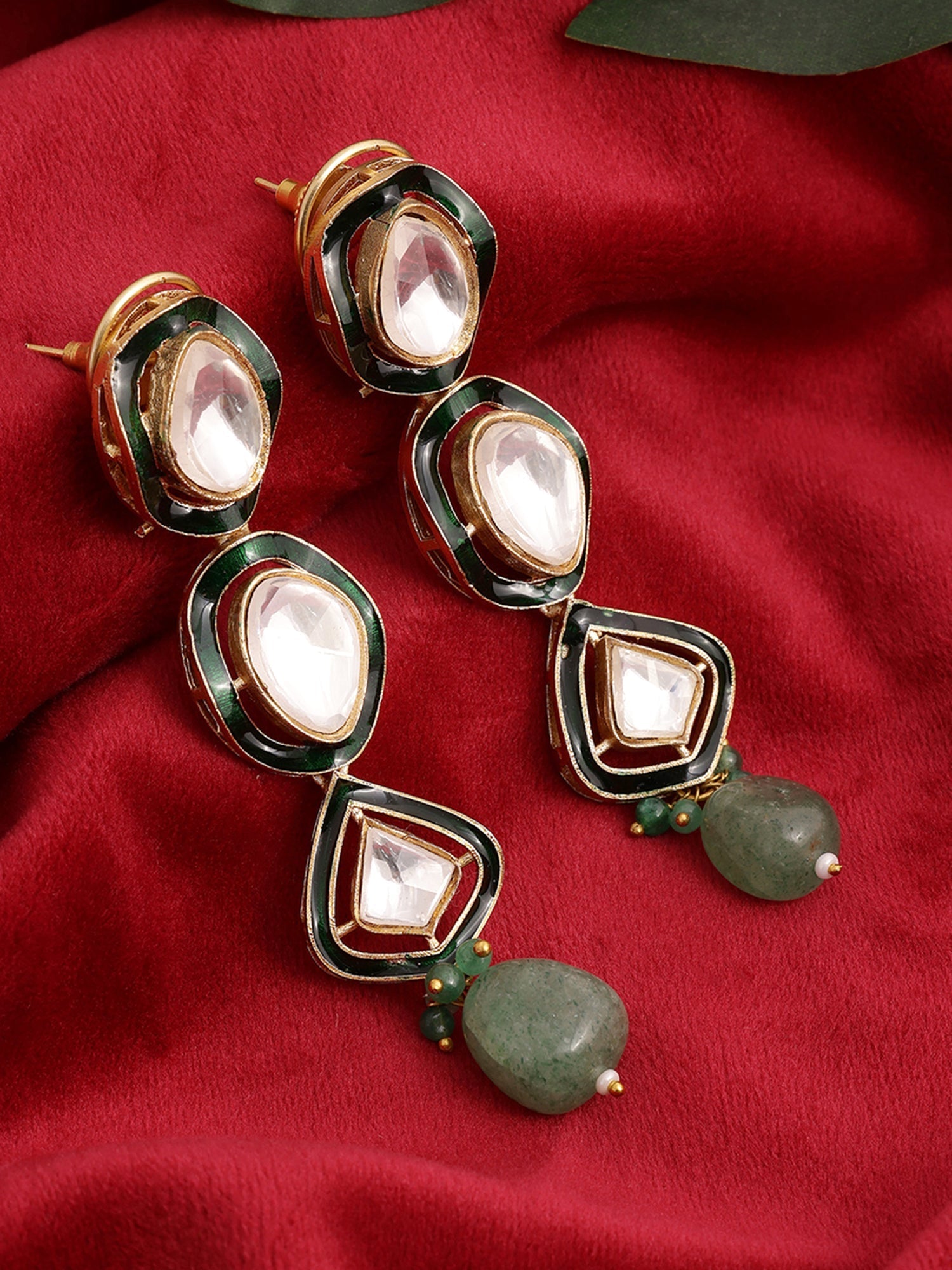 Long Meenakari Kundan Earrings with Emeralds - Ruby Raang Ruby Raang Studio