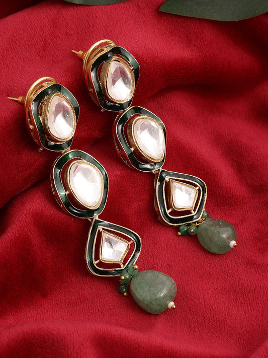 Long Meenakari Kundan Earrings with Emeralds - Ruby Raang Ruby Raang Studio