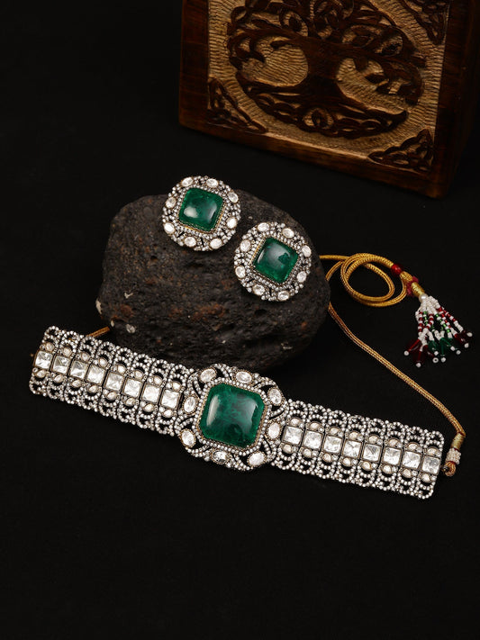 Emerald Stone with Diamonds and Mossainite Choker and Studs - Ruby Raang