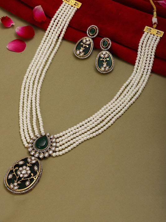 Long Pearl Layered Necklace with Pendant and Matching Earrings - Ruby Raang
