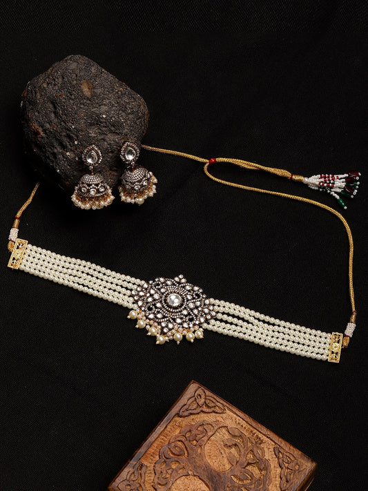 Kundan and Mossainite Choker in Pearls with matching Jhumki Earrings - Ruby Raang