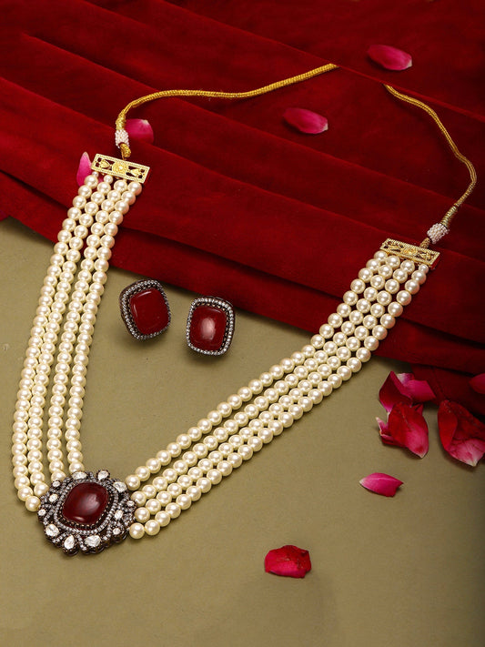 Maroon Stone and Mossainite Kundan in Pearls with Matching Studs - Ruby Raang